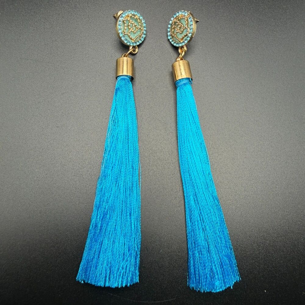 Long Boho Tassel Drop Earrings Women Blue Silk Rhinestone
